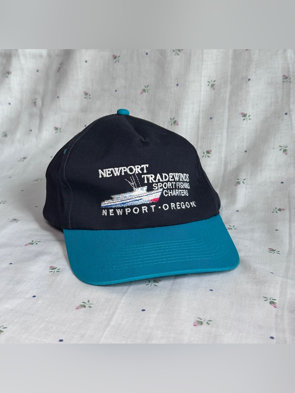 Vintage 90s Black Newport Tradewinds Sport Fishing SnapBack Hat Two Tone Teal